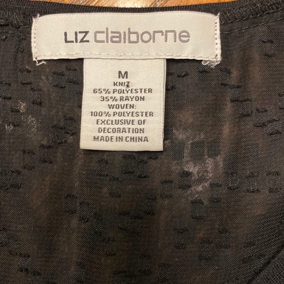 Liz Claiborne black v neck top with semi sheer shoulders - Picture 2 of 7